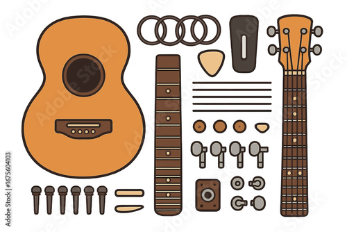 Acoustic guitar parts knolling flat lay. Vector illustration of a disassembled musical instrument. DIY guitar kit for assembly or repair. Luthier concept with body, neck, and strings.