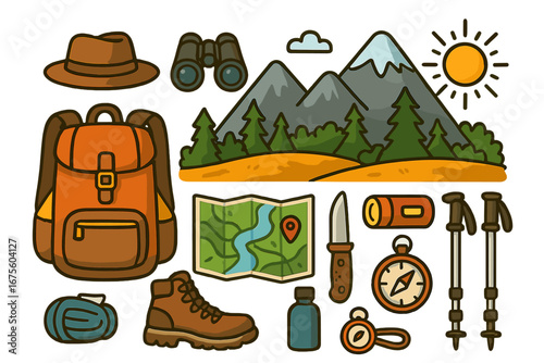 Vector set of hiking and camping equipment for outdoor adventure and travel. Flat cartoon icons with backpack, boots, map, compass. Mountain exploration and nature tourism.