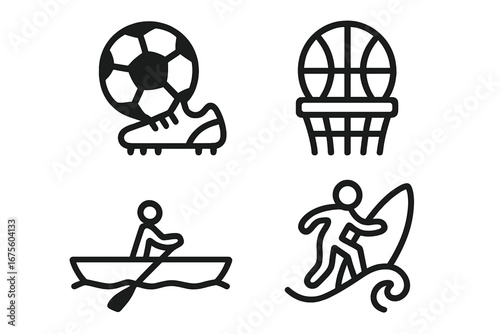 Various Sports Equipment Icons Featuring Soccer, Basketball, Rowing, and Surfing in Minimalist Design, Vector Cartoon Illustration with Transparent Background for Athletic and Outdoor Activities