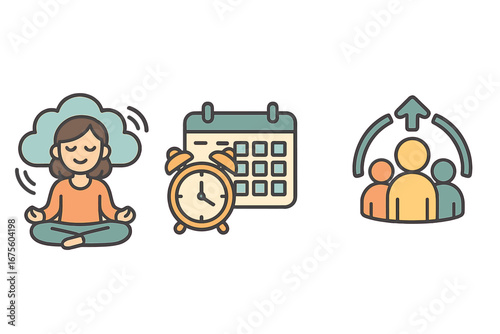 Personal development icon set with mindfulness meditation, time management, and teamwork. Business skills, well-being, and productivity concept for growth. Vector cartoon icons.