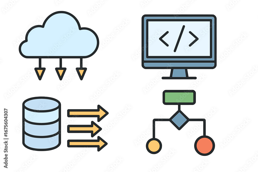 Visual Representation of Technology Concepts Including Cloud Computing, Programming Code, Data Flow, and Process Diagrams, Vector Cartoon Illustration with Transparent Background Visual Representation of Technology Concepts Including Cloud Computing, Programming Code, Data Flow, and Process Diagrams, Vector Cartoon Illustration with Transparent Background