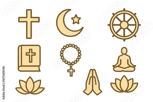 Religious and spiritual symbols icon set. Vector collection of faith representations. Christianity, Islam, Buddhism. Cross, bible, crescent moon, lotus, yoga, prayer, meditation.