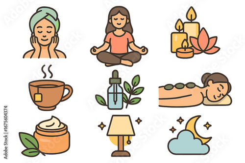 Wellness and self-care icons set depicting relaxation, mindfulness, meditation, spa treatments, aromatherapy, herbal remedies, skincare, and nighttime routine in cartoon vector style
