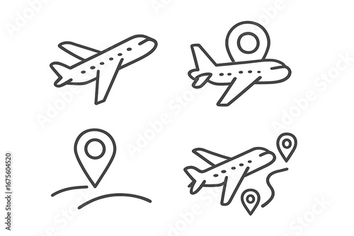 Travel icon set in thin line style. Airplane flight route and destination pin. GPS navigation and location tracking symbols for web and mobile apps. Vector transport icons.