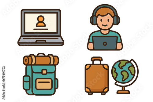 Digital nomad lifestyle icon set. Remote work and travel concept. Vector icons of freelancer, laptop, backpack, suitcase, globe. Work from anywhere vector cartoon illustration.
