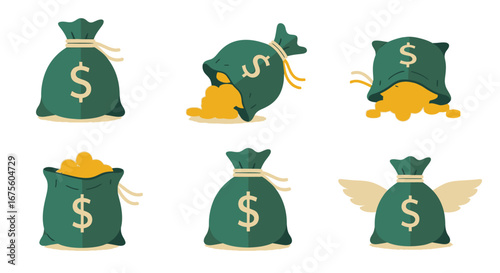 A collection of cartoon green money bags with dollar symbols, showing concepts like wealth, profit, loss, and savings