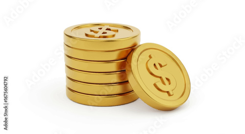A detailed 3D rendering of a gleaming stack of golden dollar coins, symbolizing financial growth, secure investments, and economic prosperity against a clean white background