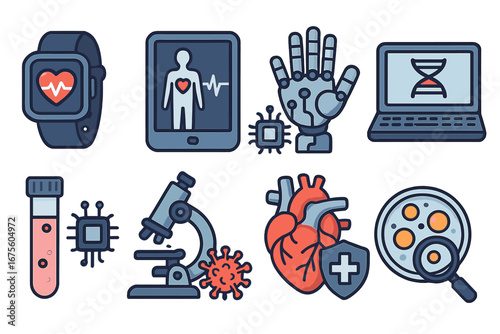 Medical technology icon set for healthcare innovation and research. Digital health concepts like bionic hand, DNA research, smart watch, virus analysis, and cardiology diagnostics.