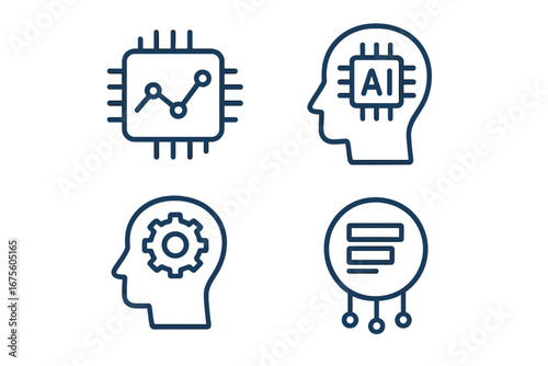 AI and machine learning icon set. Data analysis, deep learning, algorithm, big data concepts. Human head with processor chip, thinking process symbol. Modern technology vector icons.