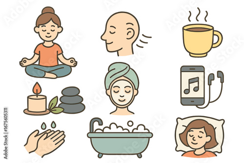 Self-care and relaxation techniques icon set. Stress relief and mental health concept. Vector cartoon illustration of yoga, meditation, spa, bath, sleep, music, and tea.