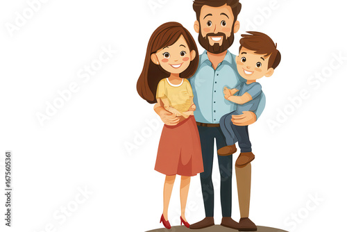Family portrait of dad, mom, and two children smiling happily together in a cozy setting