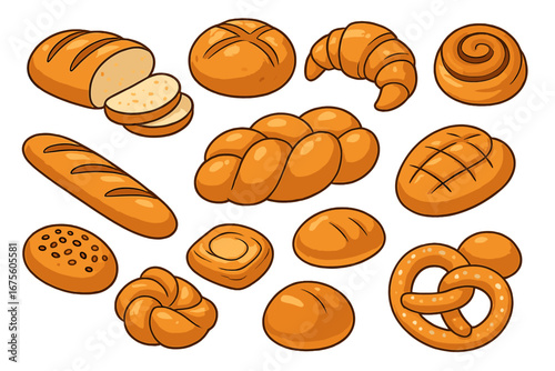 Variety of fresh baked bread and pastry assortment with different shapes and styles, vector cartoon illustration on transparent background, bakery collection, tasty bread set