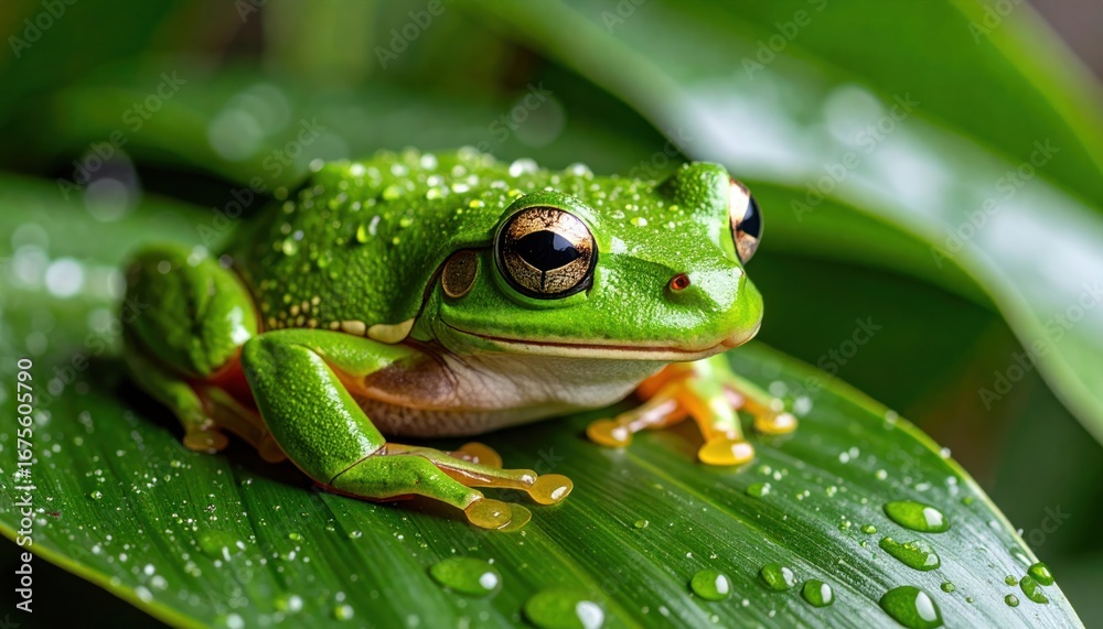 Naklejka premium Green Tree Frog on Leaf with Closeup, Raindrops, Nature, and Wildlife.