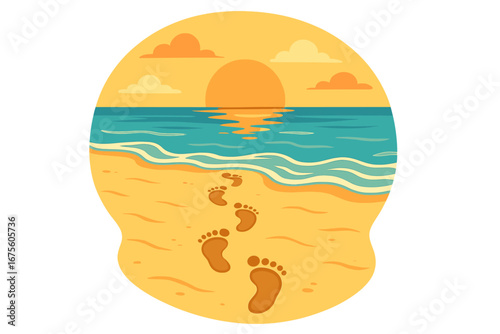 Footprints in sand on a beach at sunset. Vector illustration of a serene ocean landscape. Concept of journey, solitude, vacation, travel, peace and walking towards a goal.