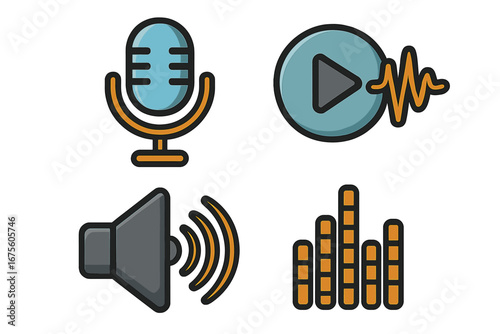 Various audio icons representing voice recording, playback, sound production, and modern digital communication, vector cartoon illustration with transparent background