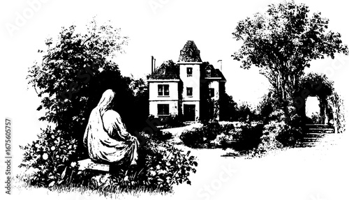 Tranquil garden scene with vintage house and seated figure for retro design