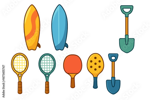 Summer sports and beach activities icon set. Vector cartoon illustration collection with surfboard, tennis racket, pickleball and ping pong paddle, and sand shovel toy.