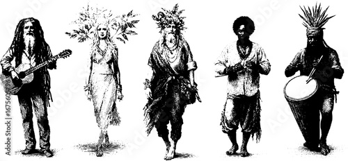 1960s hippie culture engraving design elements collection for retro art and decor