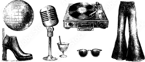 Vintage 1970s disco elements: engraving design collection for retro-themed projects