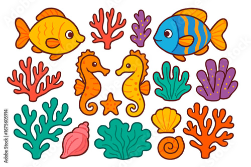 Cute sea life collection. Cartoon underwater animal set. Vector fish, seahorse, coral, shell, starfish illustration. Ocean marine life clipart for kids. Kawaii aquatic icon pack.
