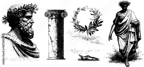 Ancient greek philosophers and symbols: engraving design elements for historical and educational themes