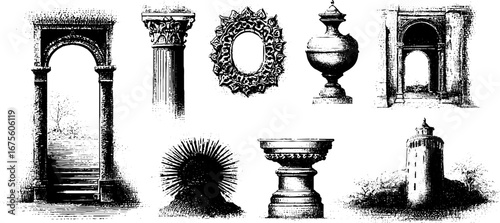 Art deco architectural elements collection: engraved façades and design motifs for creative projects