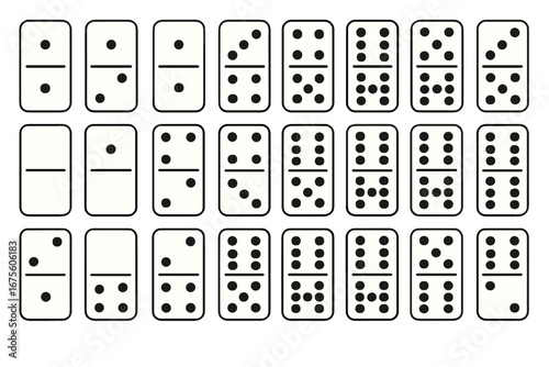Various domino pieces arranged in an ordered grid, showcasing different combinations of numbers and dots in a vector cartoon illustration with transparent background, classic game tiles set