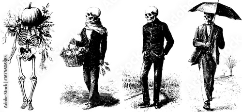 Autumn zombies collection: vintage engraved skeleton designs for seasonal decor