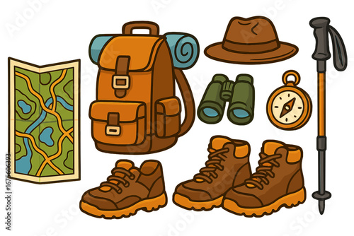 Hiking and camping equipment set. Travel essentials for adventure and tourism. Vector icons include backpack, map, compass, binoculars, boots, and trekking pole. Flat cartoon.