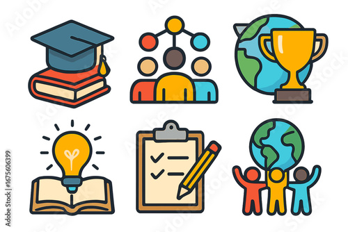 Modern colorful vector icons representing education, teamwork, global achievement, ideas, checklist, and community support in cartoon style with transparent background
