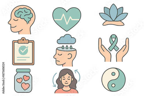 Set of Modern Mental Health and Wellness Icons with Soothing Colors, Illustrating Mindfulness, Emotional Balance, Meditation, Self-Care, Stress Relief, and Holistic Healing
