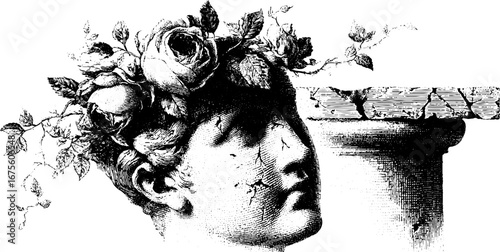 Classical bust with broken details and rose adornments in engraved style for artistic design