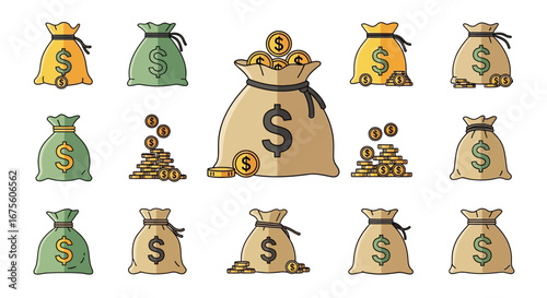 Set of vector money bag illustrations representing wealth, savings, and investment profit