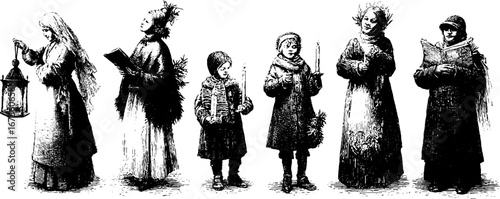 Vintage carol singers engraving design elements collection for holiday projects