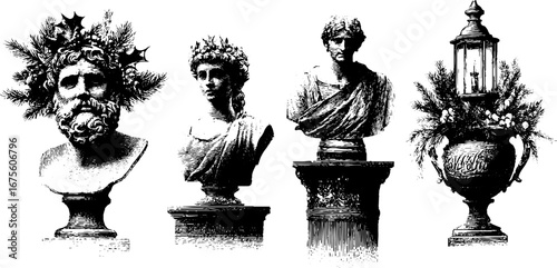 Christmas mythological scene with classical busts and lantern elements for festive design