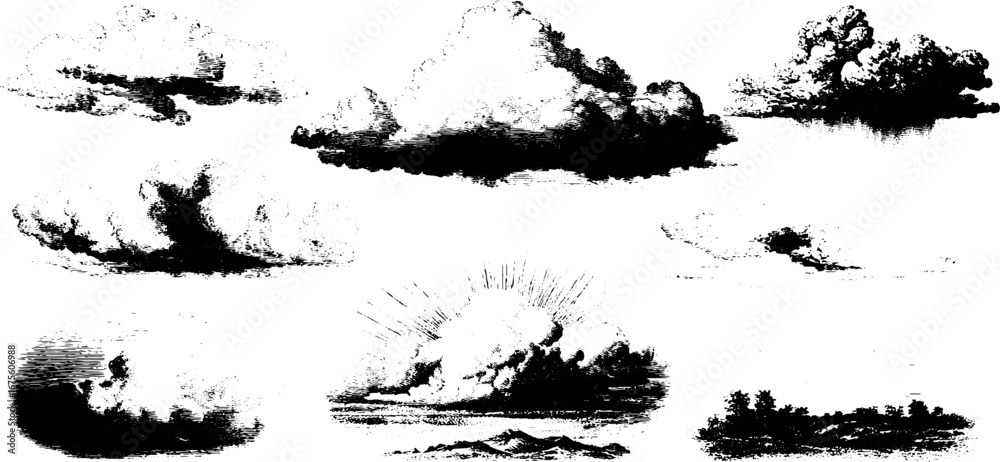 Naklejka premium Vintage cloudscape engraving collection for design and illustration