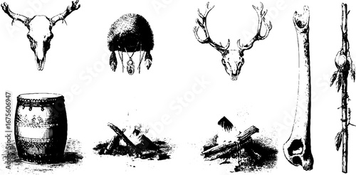 Chukchi shamanism engraving set with traditional symbols, drums, and fire elements