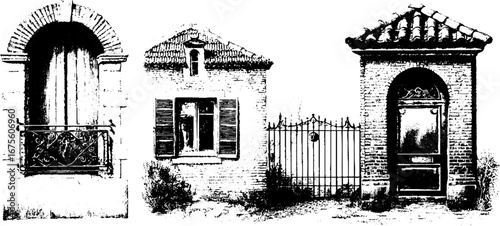 Vintage city architecture elements: hand-drawn engraving of historical windows and gates