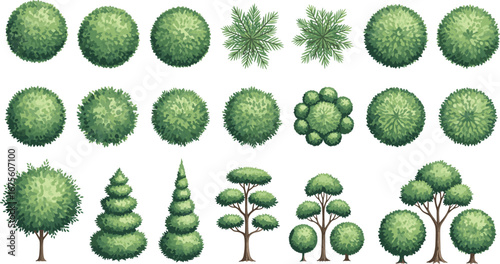 Tree, bush, foliage, greenery, nature, plant, garden, park, topiary, shrub, landscape, icon, vector, flat, deciduous, evergreen, coniferous, arbor, botanical, flat vector illustration