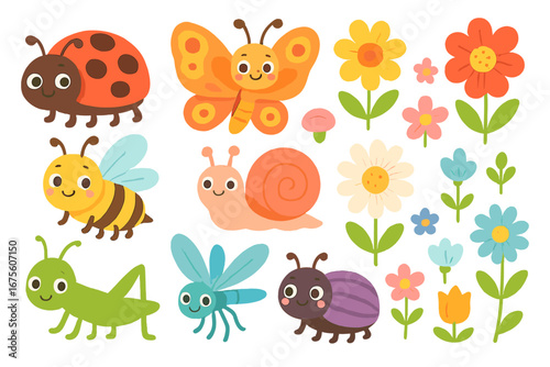 Cute cartoon insects and flowers vector set. Garden bugs collection. Ladybug, butterfly, bee, snail, grasshopper, dragonfly. Playful spring nature characters for kids design.