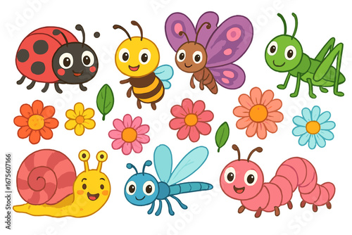 Cute cartoon insects and flowers set for kids. Vector illustration of ladybug, bee, butterfly, grasshopper, snail, dragonfly, caterpillar. Nature and garden animal characters.