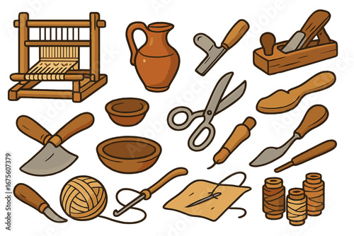 Various Traditional Artisan Tools and Crafts Illustrated in Modern Vector Cartoon Style with Transparent Background, Craftsmanship and Handmade Equipment Collection
