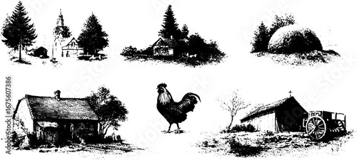 Autumn farmyard collection with haystack and rural scenes for design