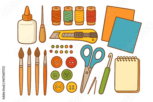 Handmade craft supplies icon set. DIY tools for creative hobbies like sewing, painting, and scrapbooking. Vector collection of scissors, thread, buttons, glue, and notebook.