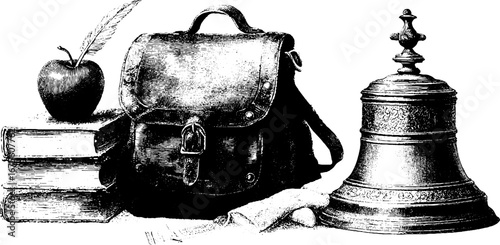 Vintage back to school engraving with books, bag, and bell - hand-drawn design for educational themes