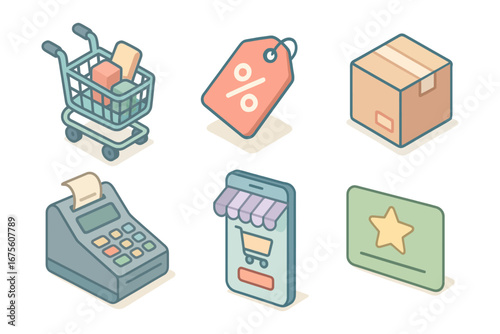 E-commerce and retail icons set with shopping cart, discount tag, cash register, delivery box, mobile shopping app and loyalty card. Online shopping and sales concept.
