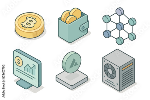 Cryptocurrency and blockchain icons set with bitcoin, wallet, mining rig, digital coin, data network and financial chart. Crypto investment and blockchain technology concept.