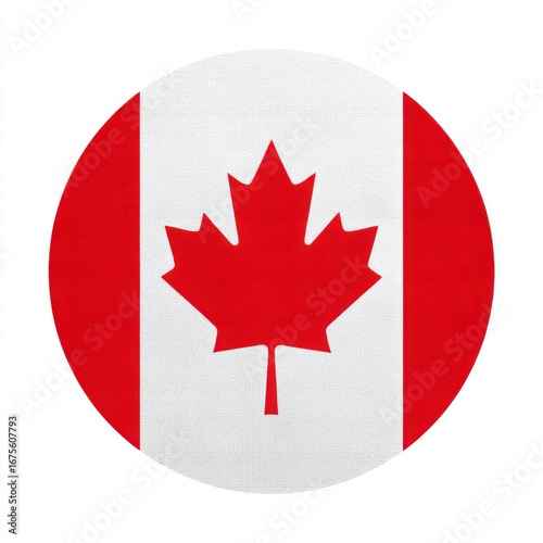 Circular canadian flag emblem with red maple leaf and vertical red stripes isolated on white background
