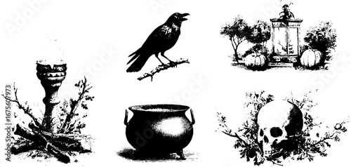 Celtic samhain collection: bonfire, cauldron, and mystical symbols for halloween design