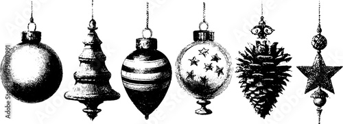 Vintage christmas baubles collection with striped and engraved designs for holiday decoration